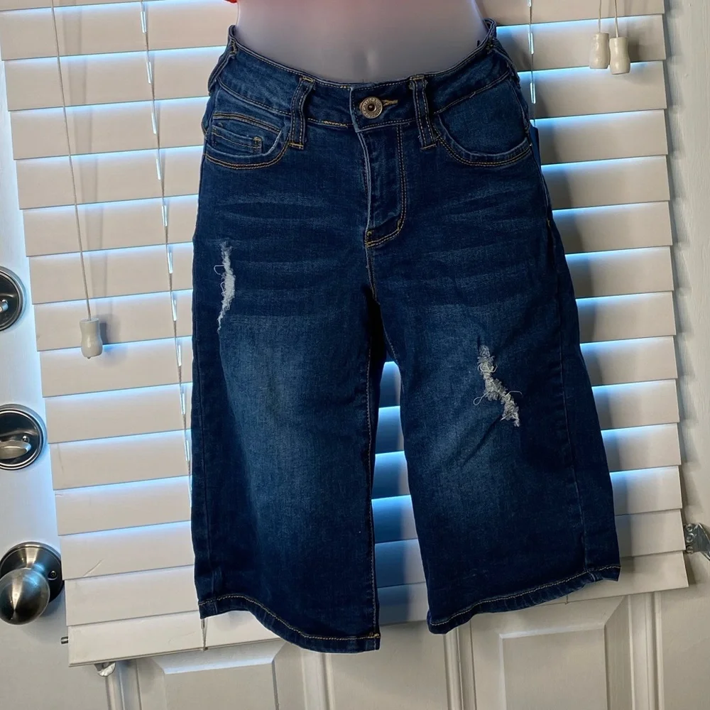 Dark Wash Distressed Denim Bermuda Shorts